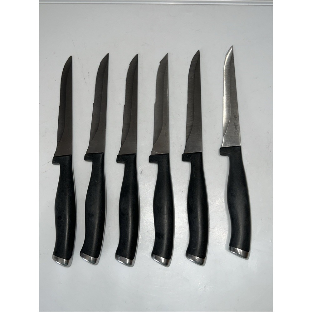 SET OF 6 Calphalon Stainless Partially Serrated Steak Knives Black Handle